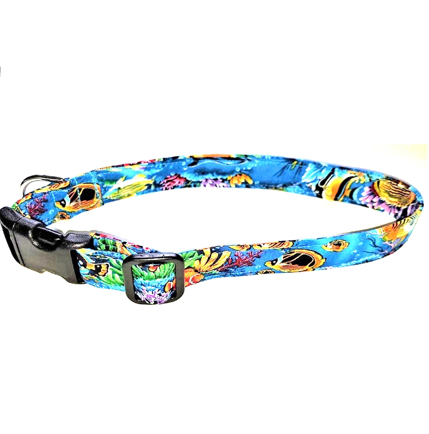 Hawaiian Fabric Over Webbing Adjustable Dog Collar--"Kealakekua Bay" Hand Made in Hawaii with Aloha