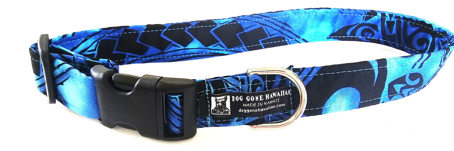 Hawaiian Fabric Over Webbing Adjustable Dog Collar--"Makai 2" Hand Made in Hawaii with Aloha