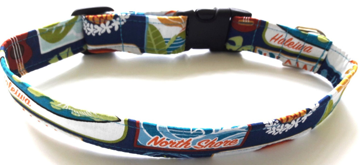 Hawaiian Fabric Over Webbing Adjustable Dog Collar--"Oahu" Hand Made in Hawaii with Aloha