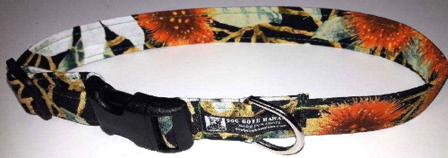 Hawaiian Fabric Over Webbing Adjustable Dog Collar--"Ohia Lehua" Hand Made in Hawaii with Aloha