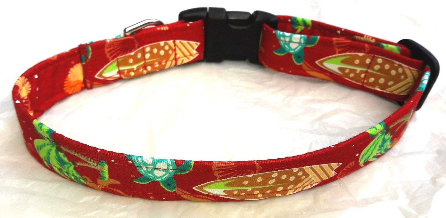 Hawaiian Fabric Over Webbing Adjustable Dog Collar--"Red Surfboards" Hand Made in Hawaii with Aloha