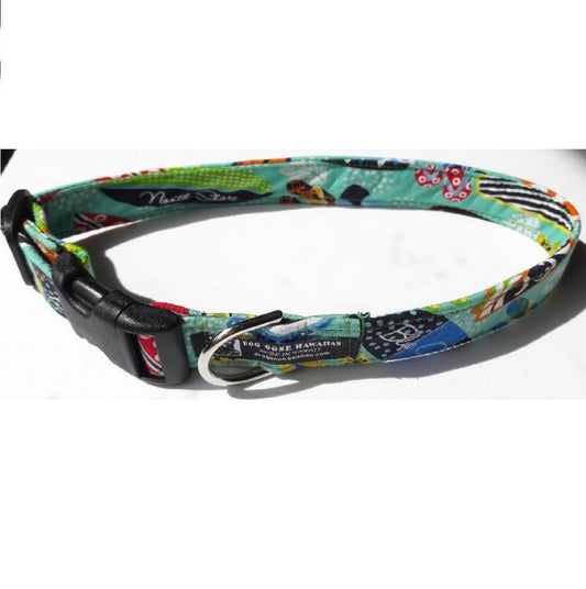 Hawaiian Fabric Over Webbing Adjustable Dog Collar--"Beachin' 24/7" Hand Made in Hawaii with Aloha