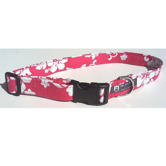 Hawaiian Fabric Over Webbing Adjustable Dog Collar--"Hot Pink Hibiscus" Hand Made in Hawaii with Aloha