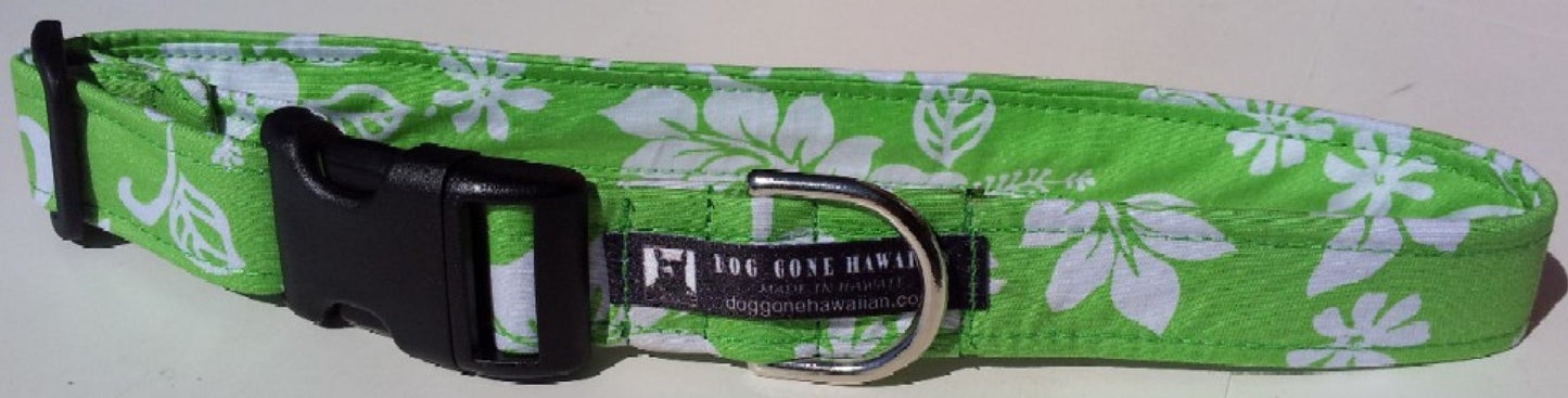 Hawaiian Fabric Over Webbing Adjustable Dog Collar--"Hibiscus Lime" Hand Made in Hawaii with Aloha