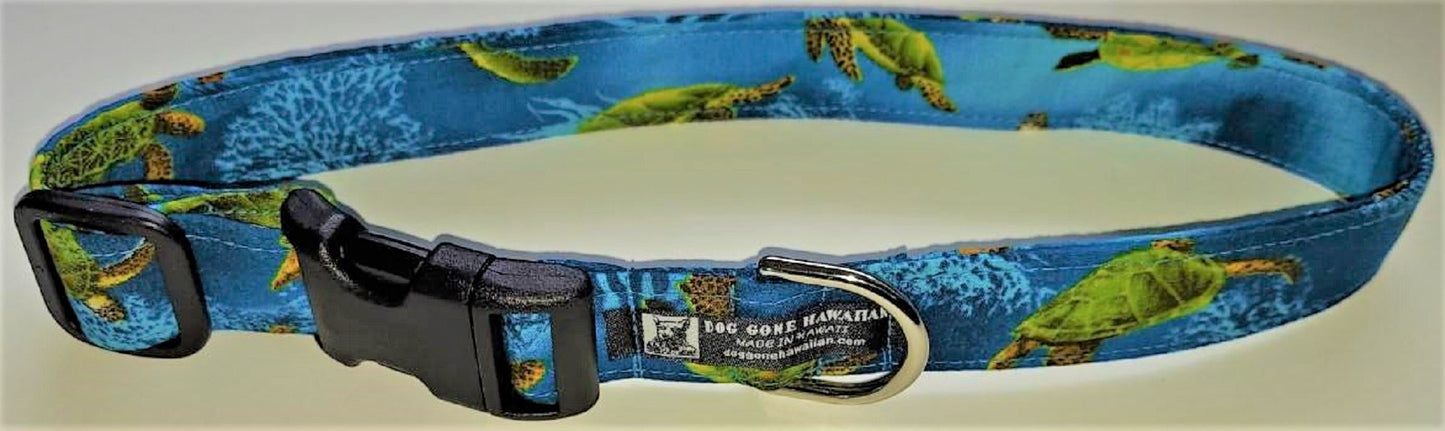 Hawaiian Fabric Over Webbing Adjustable Dog Collar--"Honu Ohana 3" Hand Made in Hawaii with Aloha