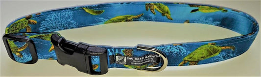 Hawaiian Fabric Over Webbing Adjustable Dog Collar--"Honu Ohana 3" Hand Made in Hawaii with Aloha