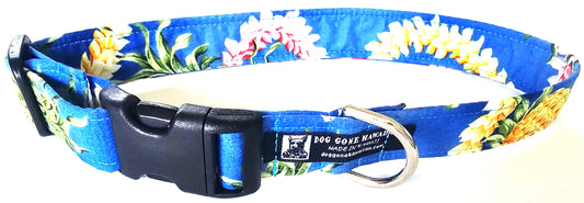 Hawaiian Fabric Over Webbing Adjustable Dog Collar--"Pineapple Blue" Hand Made in Hawaii with Aloha