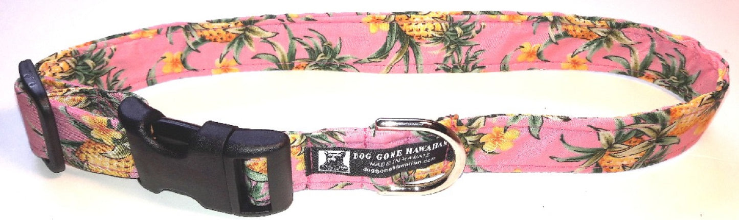 Hawaiian Fabric Over Webbing Adjustable Dog Collar--"Pineapple Pink" Hand Made in Hawaii with Aloha