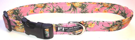 Hawaiian Fabric Over Webbing Adjustable Dog Collar--"Pineapple Pink" Hand Made in Hawaii with Aloha