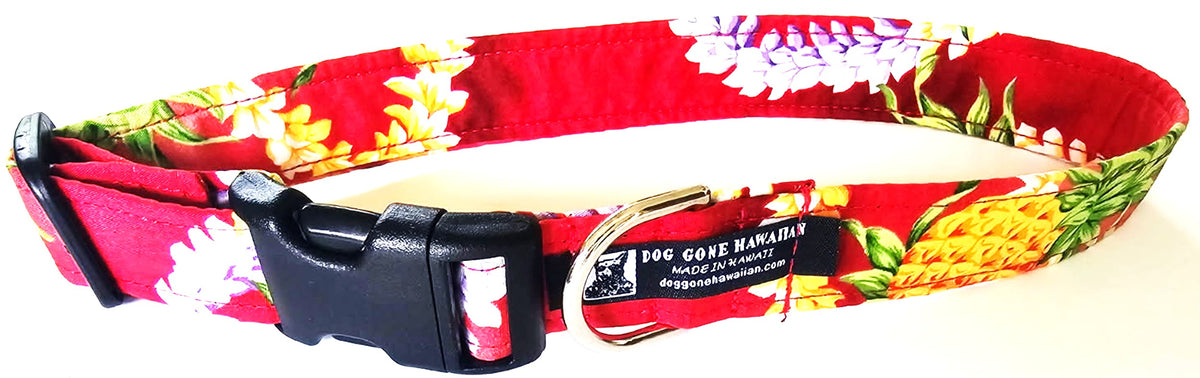 Hawaiian Fabric Over Webbing Adjustable Dog Collar--"Pineapple Red" Hand Made in Hawaii with Aloha
