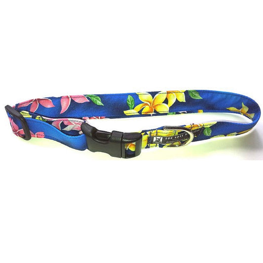 Hawaiian Fabric Over Webbing Adjustable Dog Collar--"Plumeria Blue, Pink, Yellow" Hand Made in Hawaii with Aloha