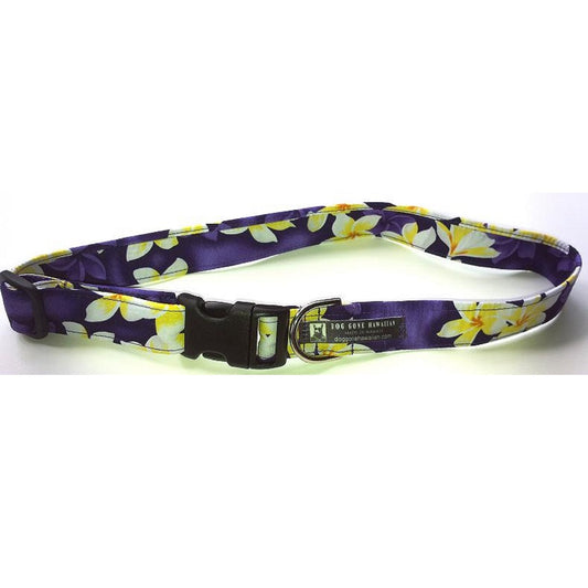 Hawaiian Fabric Over Webbing Adjustable Dog Collar--"Plumeria Purple and Yellow" Hand Made in Hawaii with Aloha