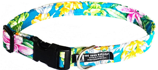 Hawaiian Fabric Over Webbing Adjustable Dog Collar--"Pomaikai" Hand Made in Hawaii with Aloha