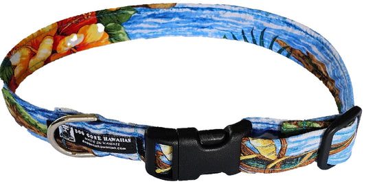 Hawaiian Fabric Over Webbing Adjustable Dog Collar--"South Pacific" Hand Made in Hawaii with Aloha