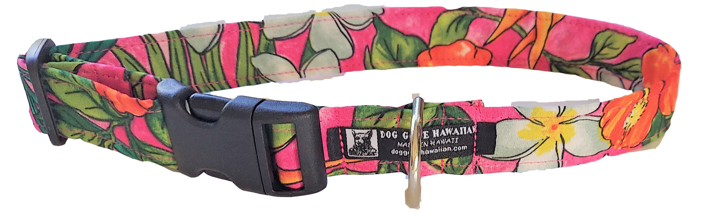 Hawaiian Fabric Over Webbing Adjustable Dog Collar--"Tropical Sunrise 2" Hand Made in Hawaii with Aloha