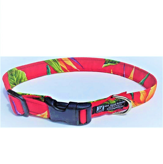 Hawaiian Fabric Over Webbing Adjustable Dog Collar--"Bird of Paradise" Hand Made in Hawaii with Aloha