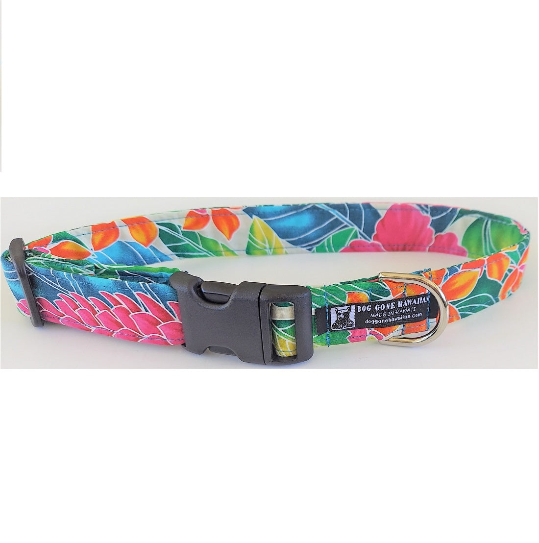 Hawaiian Fabric Over Webbing Adjustable Dog Collar--"Makana Nani" Hand Made in Hawaii with Aloha